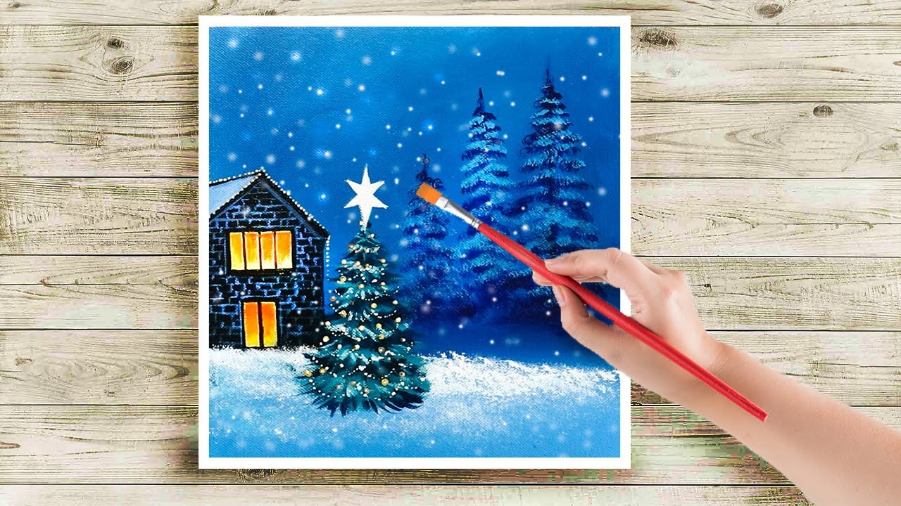 Winter House Christmas Scenery Acrylic Painting / Step By step / Daily Art Challenge #264