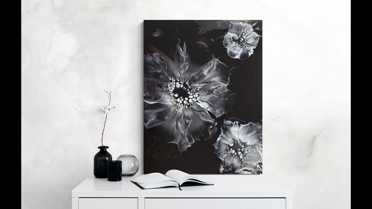 (516) Bloom Technique Acrylic Pour Painting in Classic Pearl White and Black On Canvas!