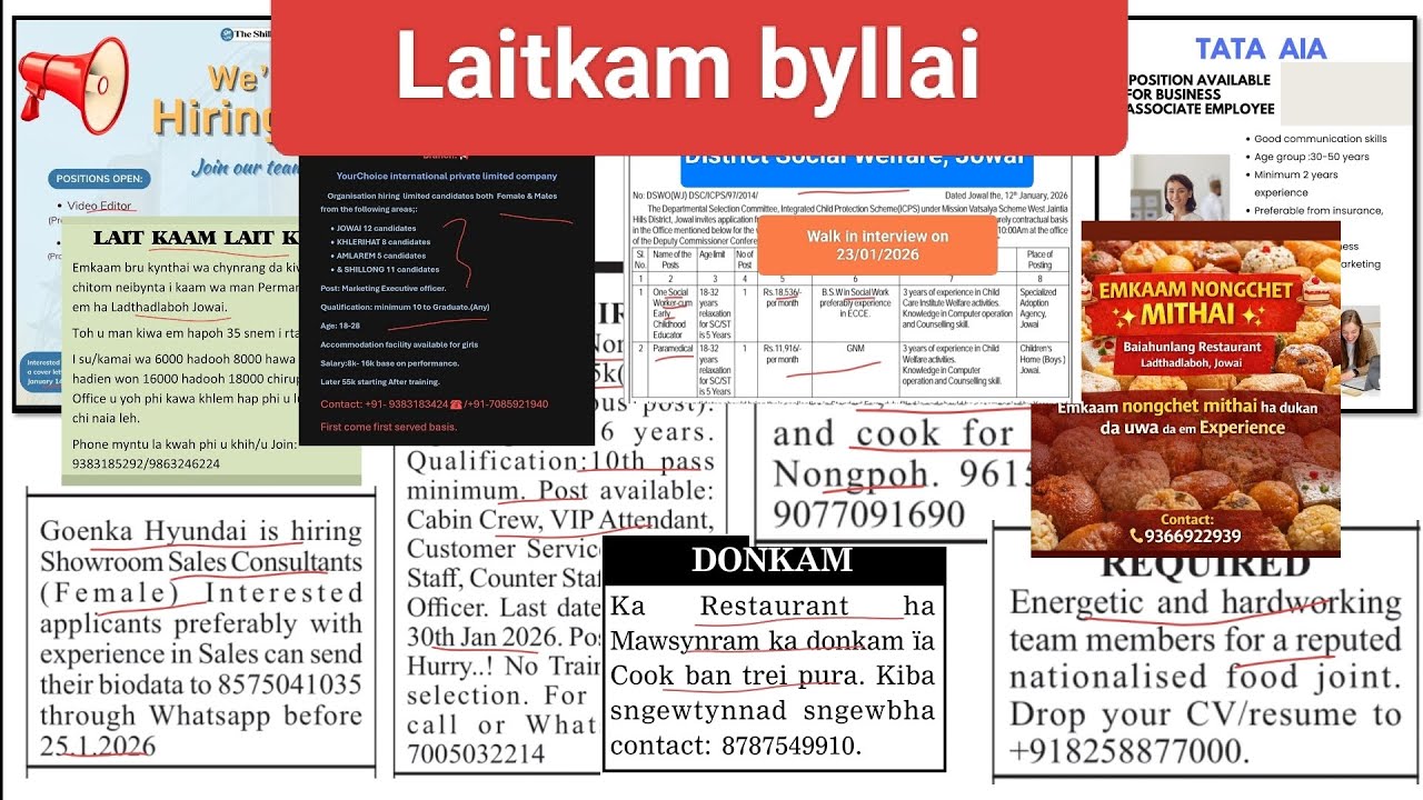 Laitkam byllai - Job vacancies: Shillong Times, TATA AIA, Cook, Video editor, Graphics, Restaurant,.