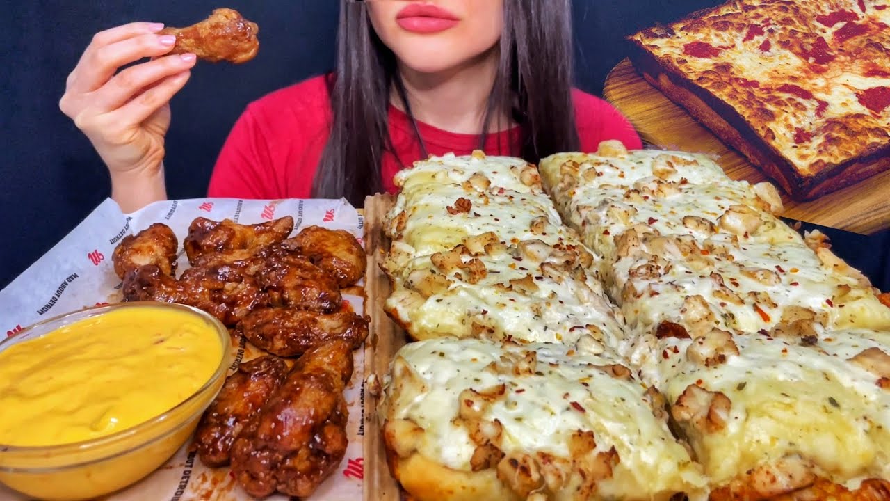 ASMR DETROIT PIZZA + CHICKEN WINGS MUKBANG
