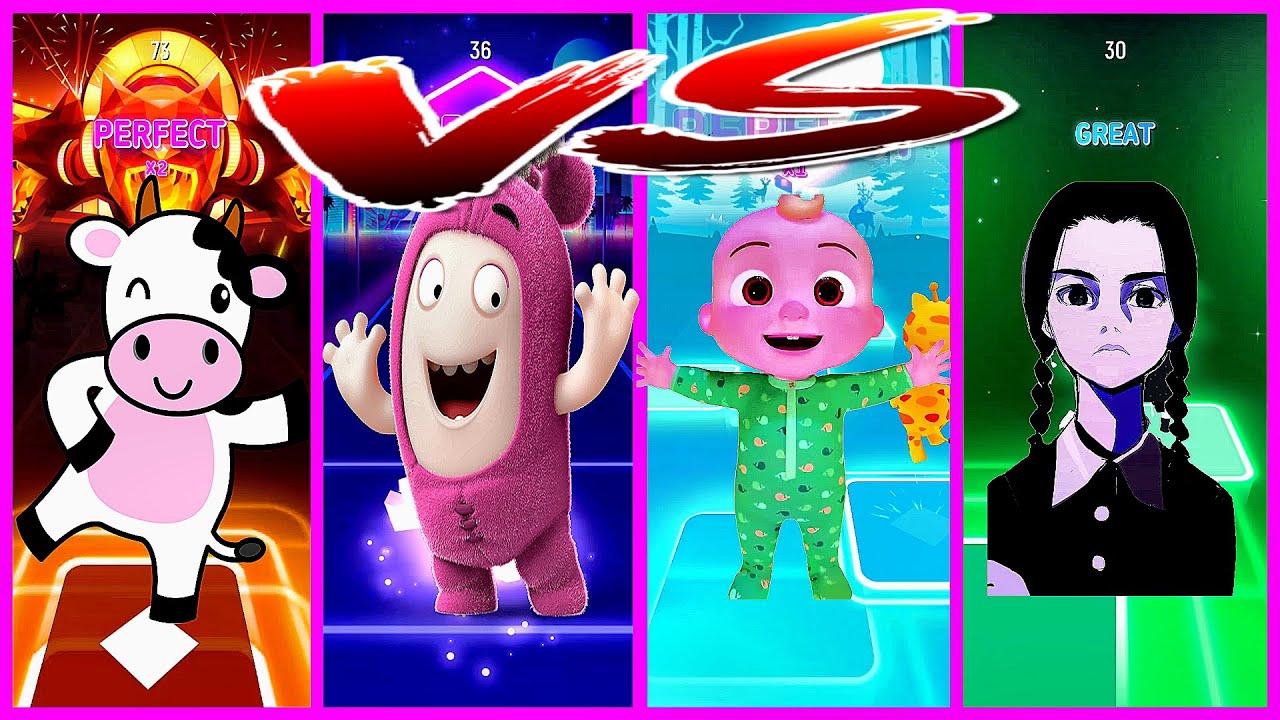 Crazy Cow VS Oddbods VS Cocomelon VS Wednesday Tiles Hop Game