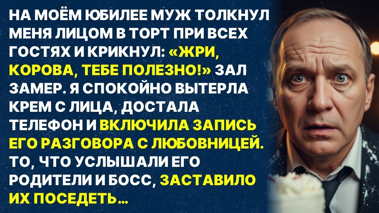 Муж ткнул меня лицом в торт на юбилее: «ЖРАТЬ ПОЛЕЗНО, КОРОВА!» Но я включила запись