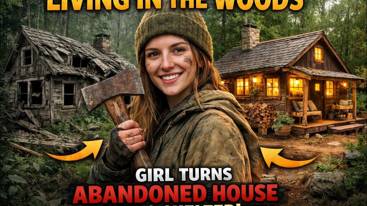 living in the woods. Girl turns abandoned house into shelter
