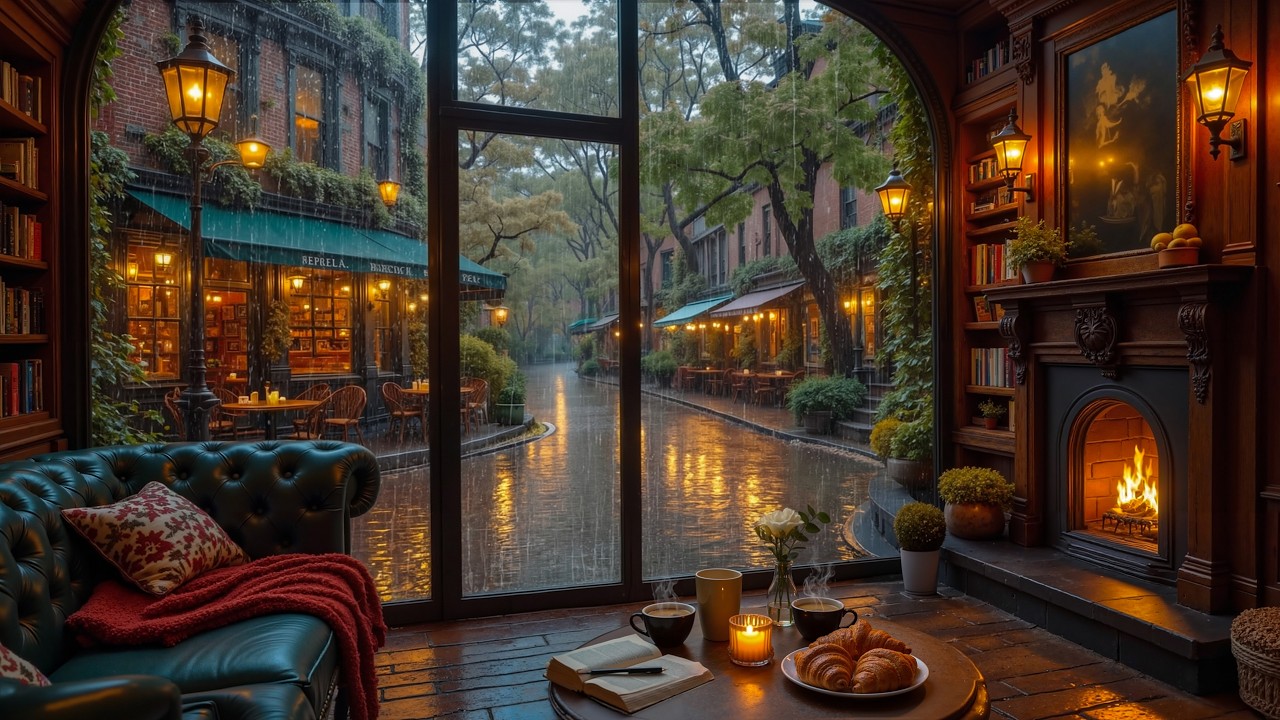 Relaxing Jazz at a Rainy Window Café | Soothing Jazz & Fireplace Ambience for Calm, Focus