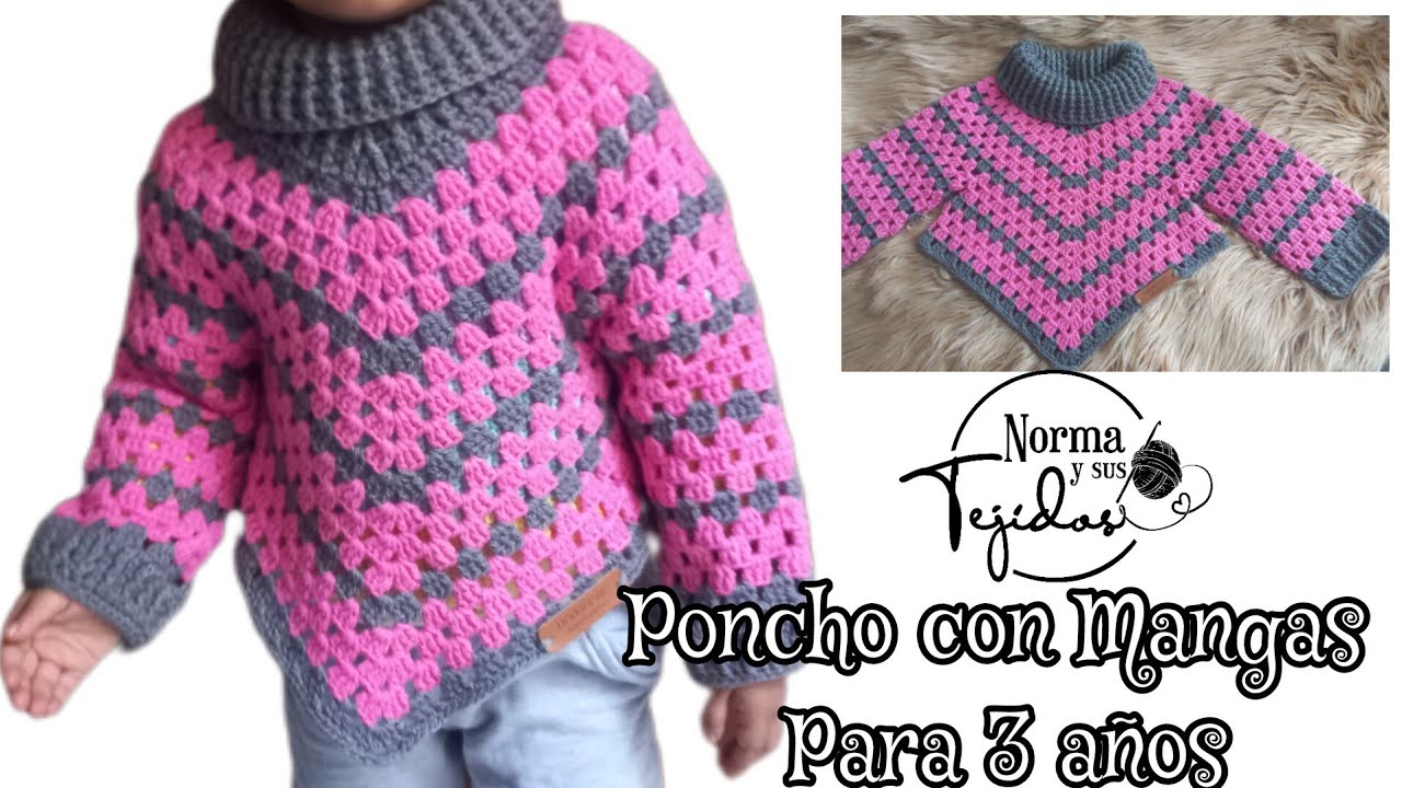 Poncho con Mangas para niña de 3 años #crochet #handmade #tejido