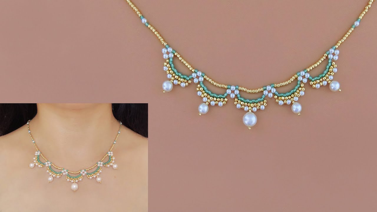 “Summer Mint” Beaded Necklace with White Pearls and Seed Beads. How to Make Beaded Jewelry. 串珠项链教程