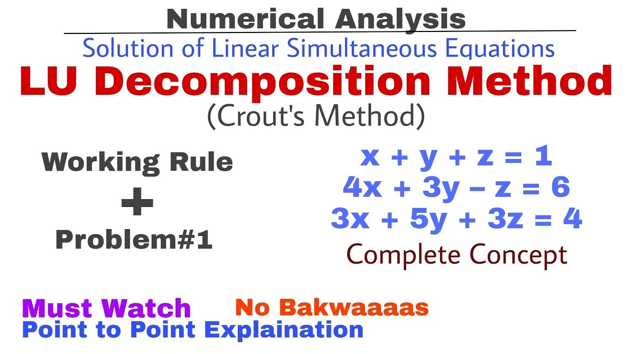 3. LU Decomposition Method (Crout's Method) | Working Rule & Problem#1 | Concept | Numerical Methods