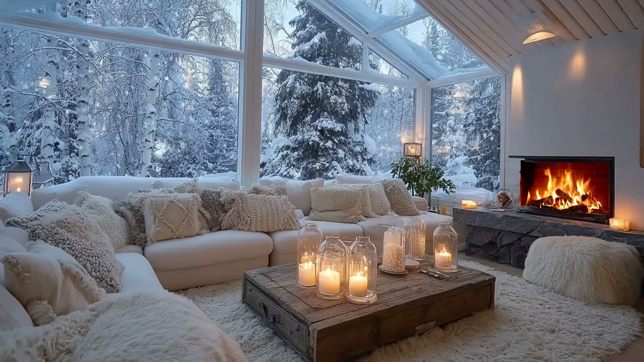 🌸🎶 White Winter Piano Ambience with Warm Firelight and Blooming Flowers for 3 Hours Peace
