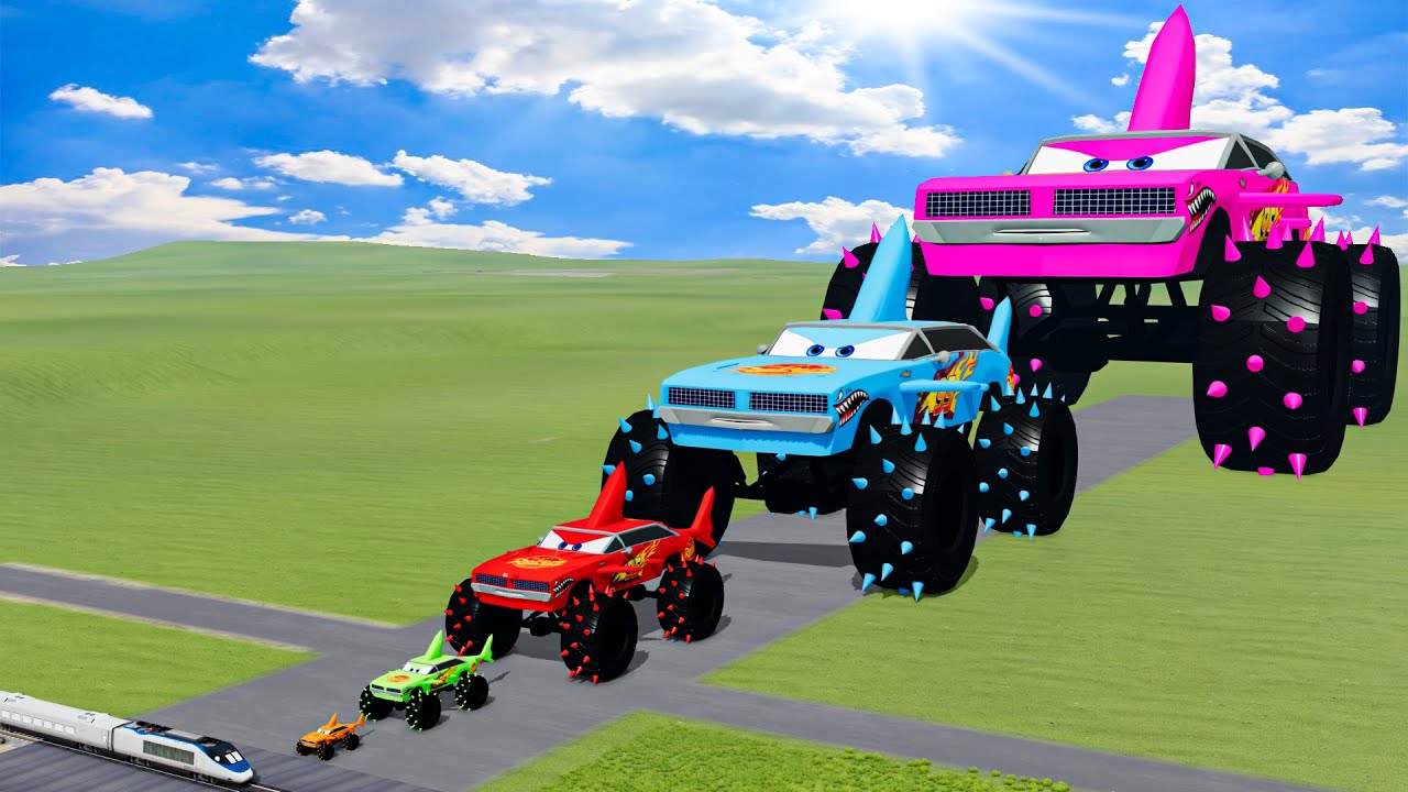 Big & Small Colors Shark Monsters Lightning Mcqueen vs Trains Thomas | BeamNG.Drive
