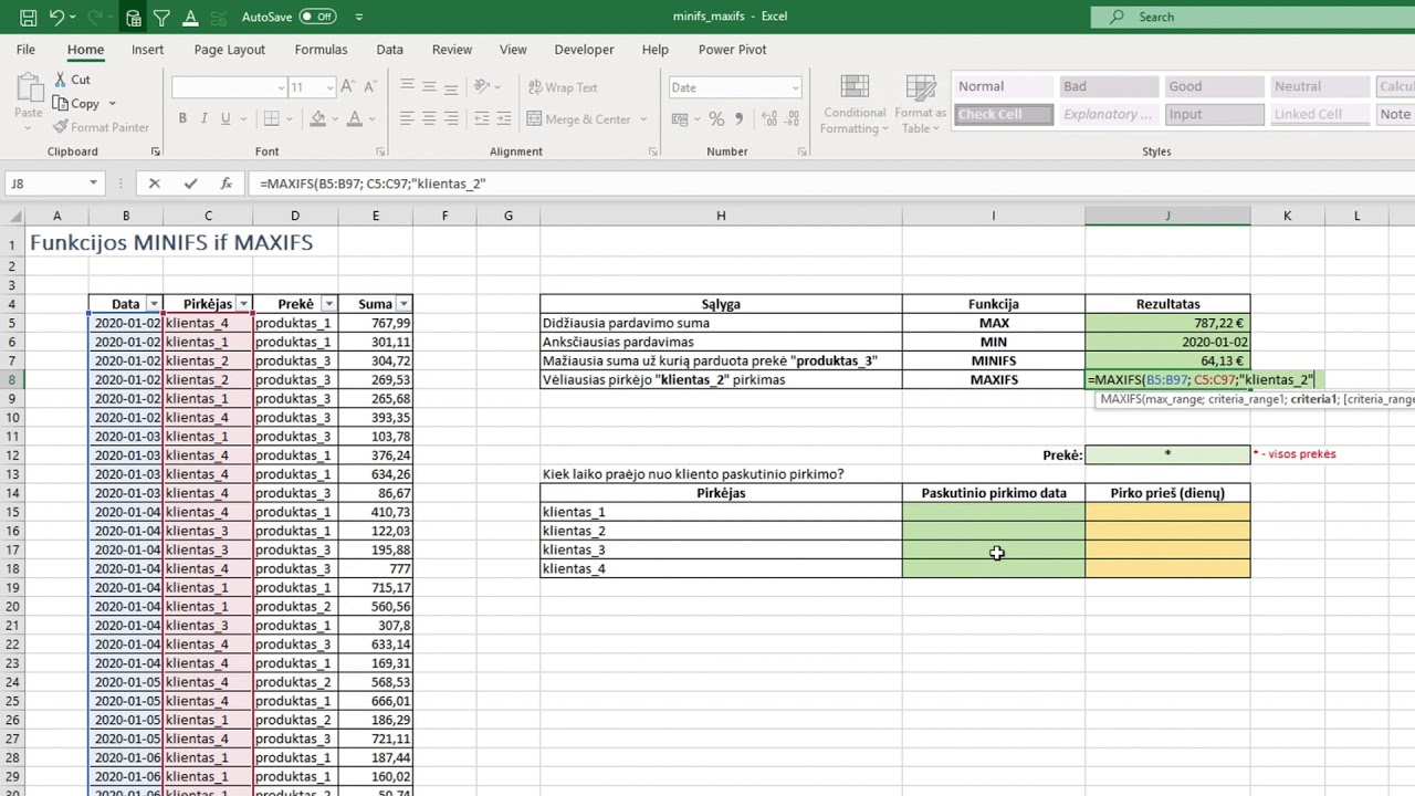 Excel mokymai - Minifs ir Maxifs funkcijos