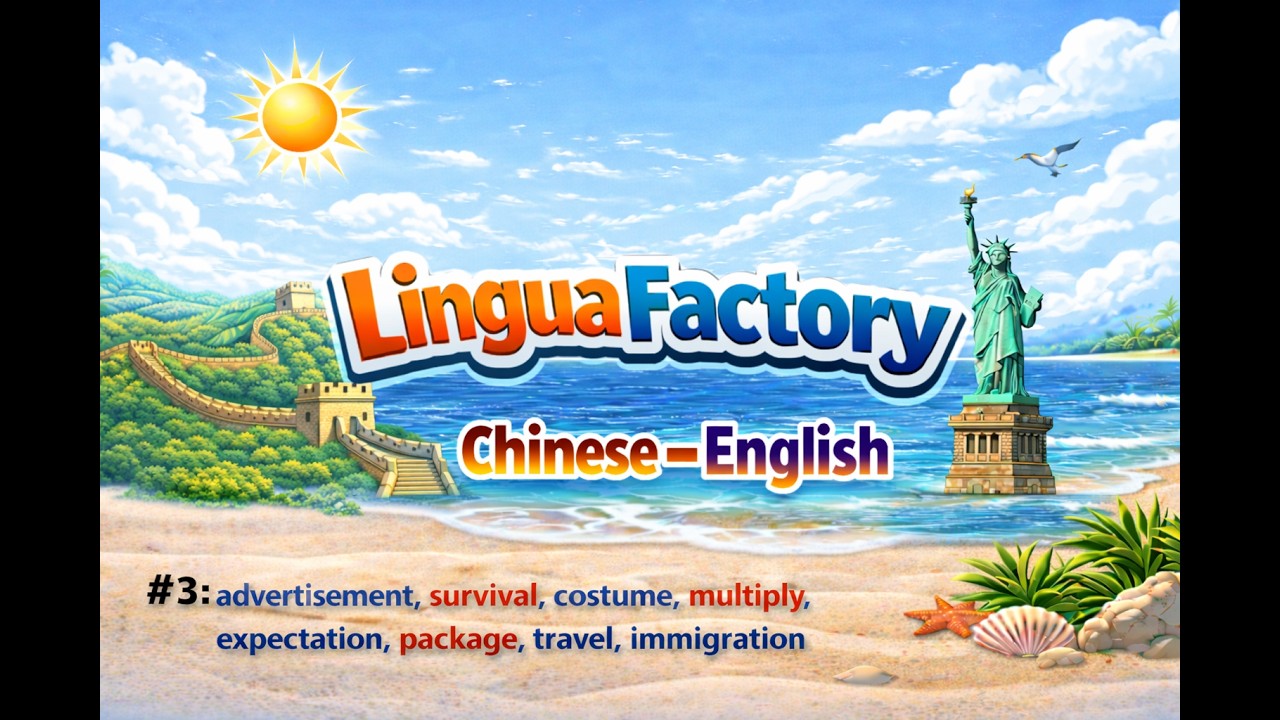 #3 Chinese - English:advertisement,survival,costume,multiply expectation, package,travel,immigration