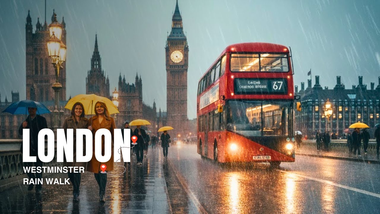 🌧️ London Walking Tour in Heavy Rain | 4K Rain Sounds | London Eye & Westminster | ASMR City Walk