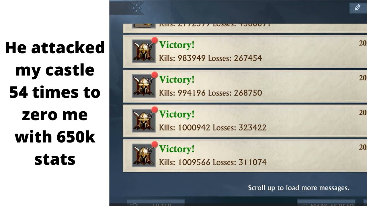 He attacked my castle 54 times to zero me with 650k stats (Reports only) | King of Avalon