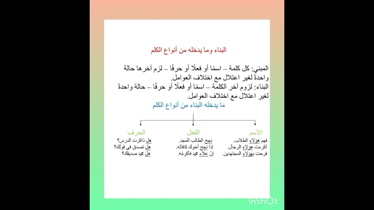 البناء وما يدخله من أنواع الكلم/ أولى إعدادي أزهر/ الفصل الأول