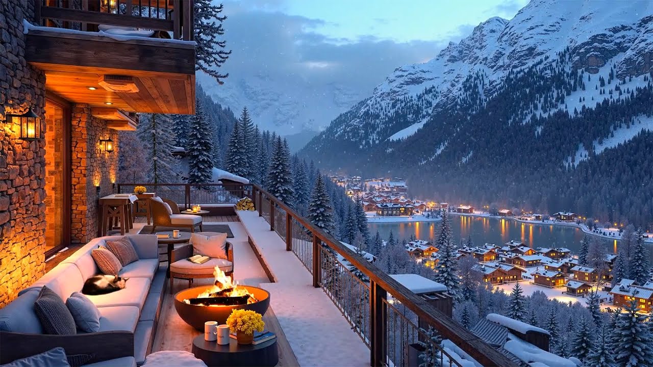 Warm Jazz & Cozy Fireplace❄️Winter Terrace Retreat with Coffee, Snowfall & Peaceful Mountain Views