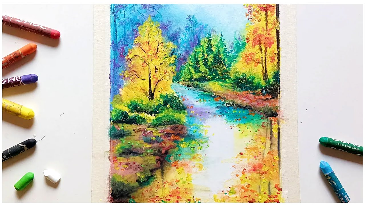 ep 48 rainy days 🍂 oil pastel drawing with 12 colour