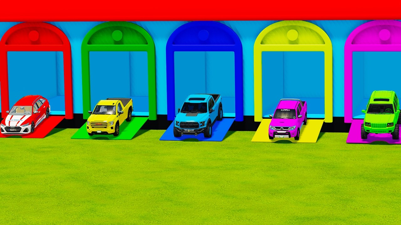 TRANSPORTING FIVE COLOR FEUERWEHR, GMC SPORT, FORD RAPTOR, TOYOTA, JEEP CHOKE - Farming Simulator 22