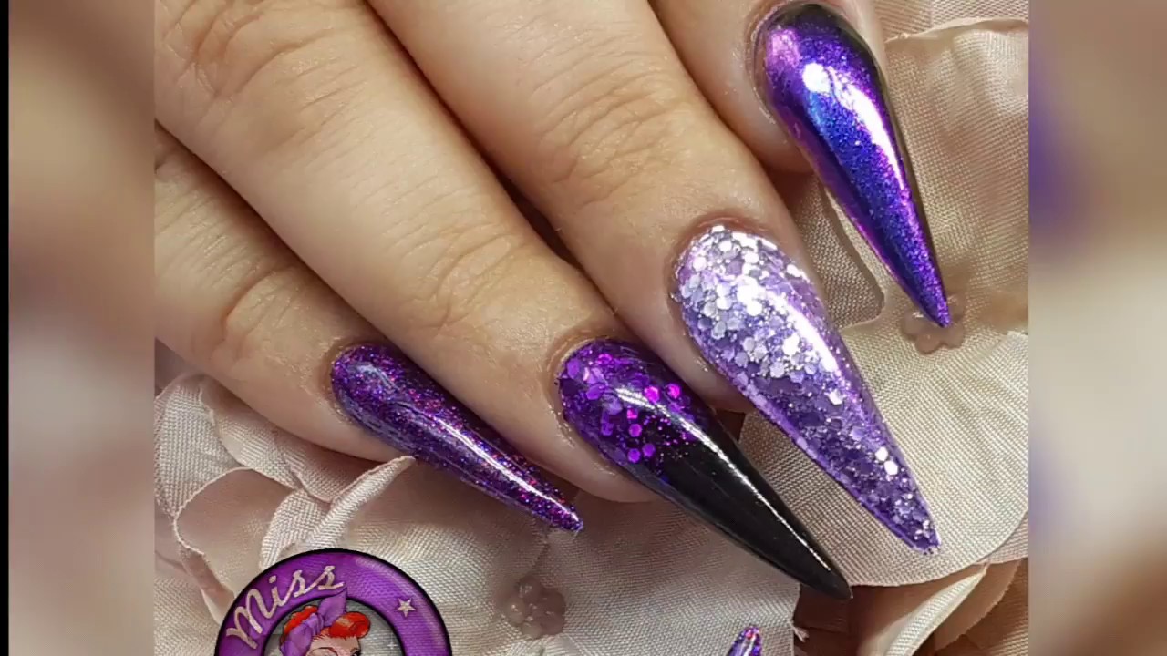 Purple & Black Salon Stilleto Acrylic Nails