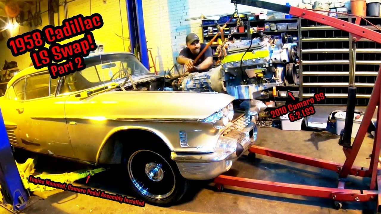 Engine Mounted!! Installing A 2010 Camaro 6.2L LS3 In a 1958 Cadillac- 1958 Cadillac LS Swap Part 2