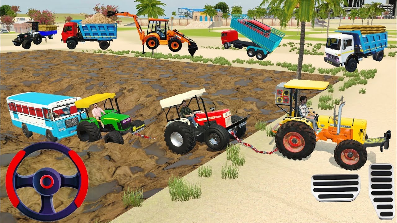 Bus stuck in the mud three tractor rescue the bus #automobile #gamingvideos #tractorvideo 
