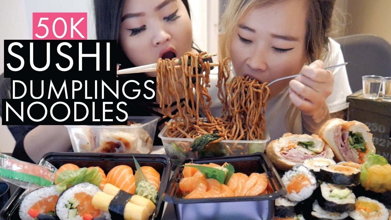SUSHI DUMPLING NOODLES MUKBANG | 50K FOODIES