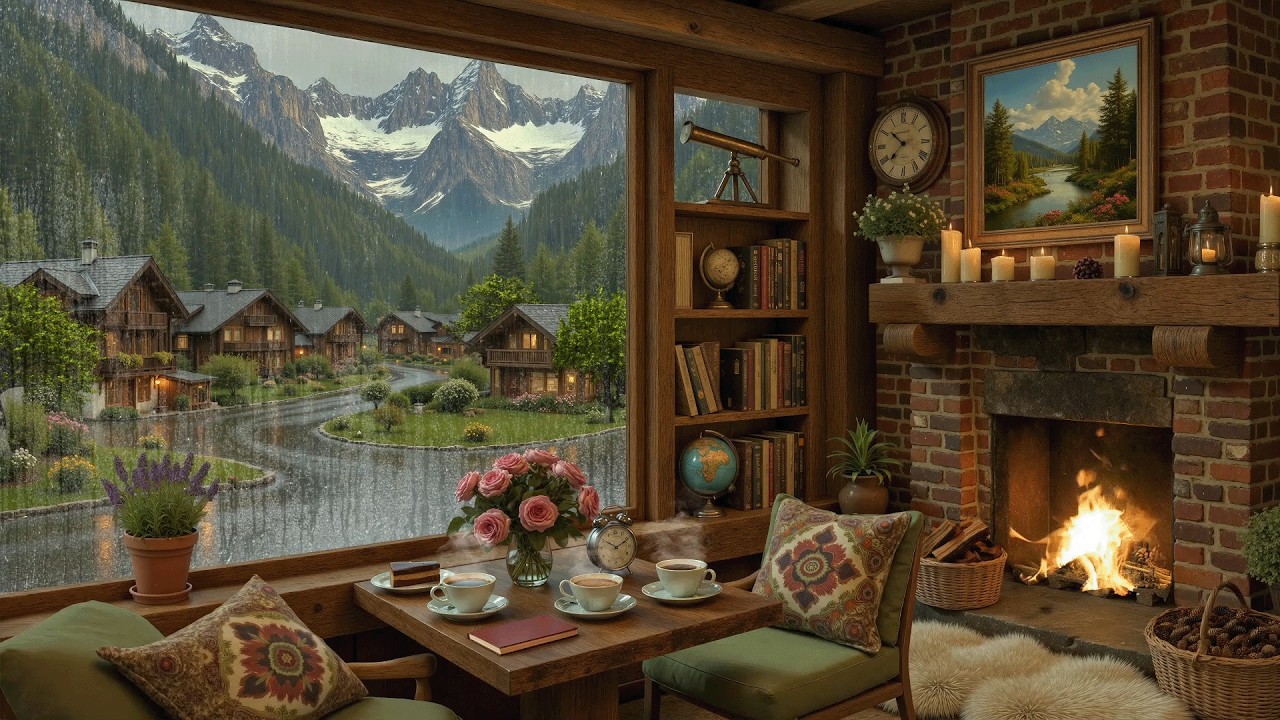 Quiet Rainy Cabin Coffee Shop ☕ Soft Jazz Piano & Warm Fireplace Ambience for Work, Reading