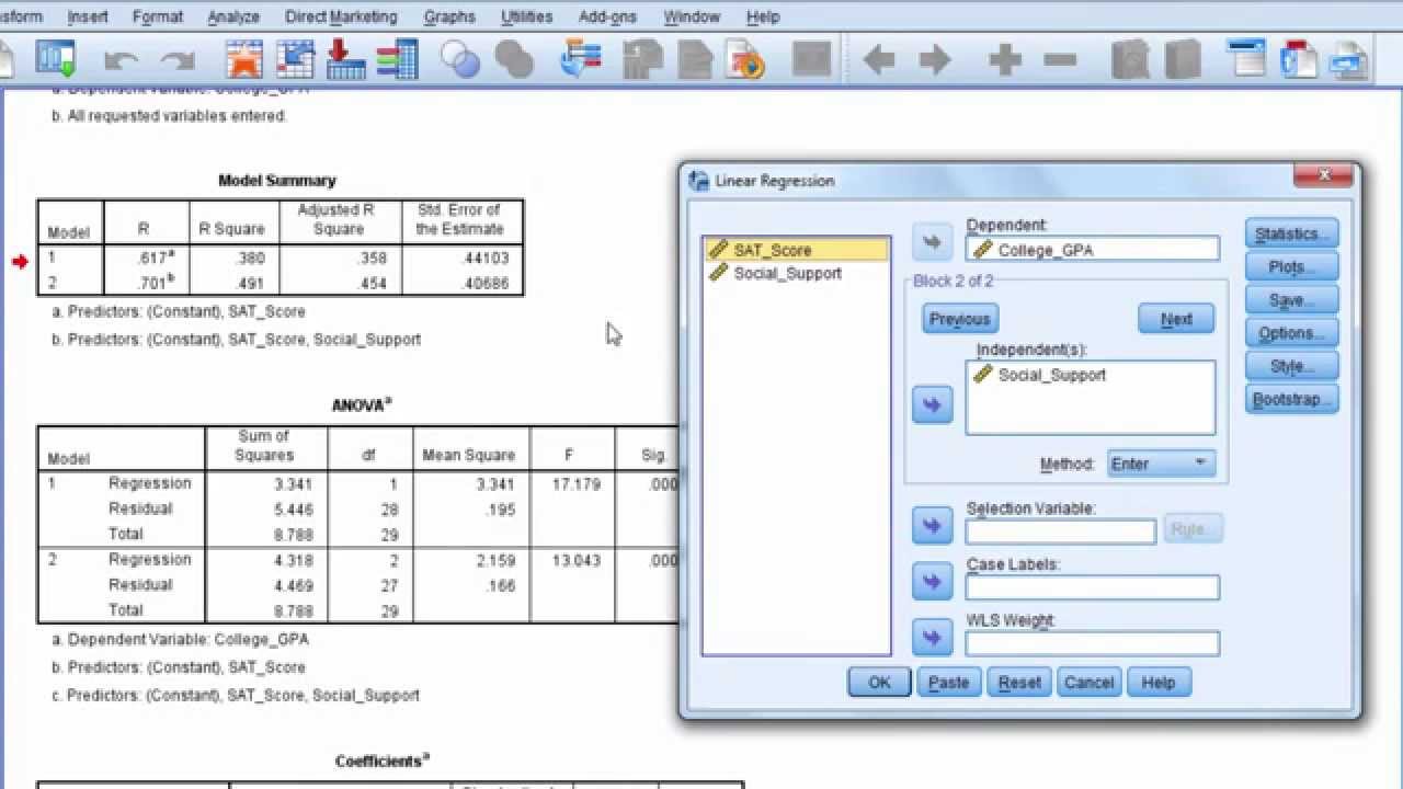 Multiple Regression in SPSS (Hierarchical) -  P-Value; R Squared; ANOVA F; Beta  (Part 2)
