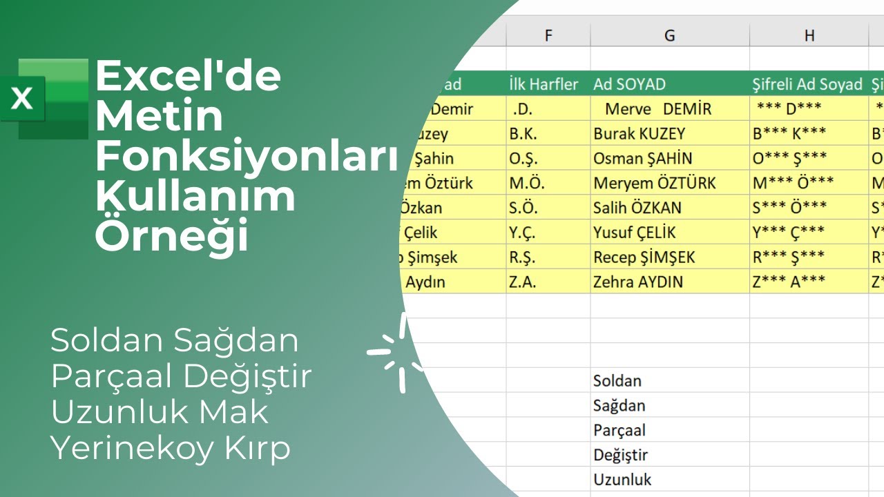 Excel Metin Fonksiyonları Kullanım Örneği