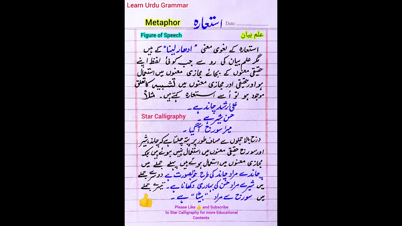 What is Metaphor| Define Metaphor in Urdu| Istiaara|Figure of Speech| استعارہ |علم بیان Urdu Grammar