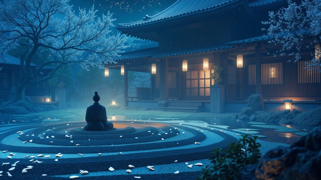 Japanese Sakura Night Ambient Soundscape - Zen Garden Meditation Music for Sleep & Study