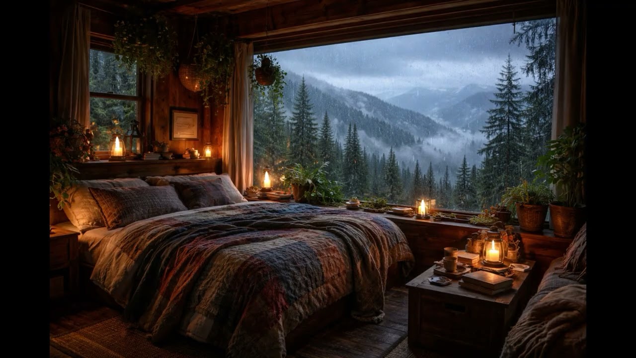 Rainy Mountain Bedroom Ambience 🌧 Cozy Bed, Window Misty Forest Views | Deep Sleep, Relaxation (3hr)