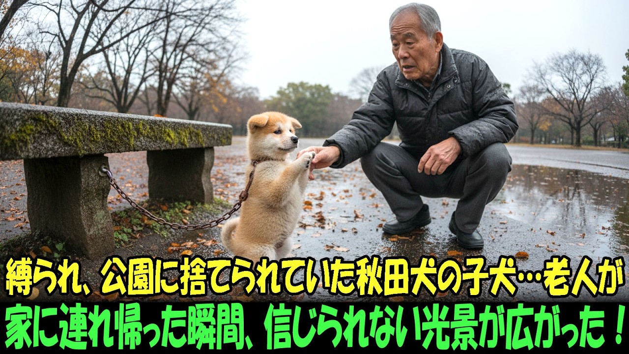 【奇跡の実話】縛られ、公園に捨てられていた秋田犬の子犬…。老人が家に連れ帰った瞬間、信じられない光景が広がった！