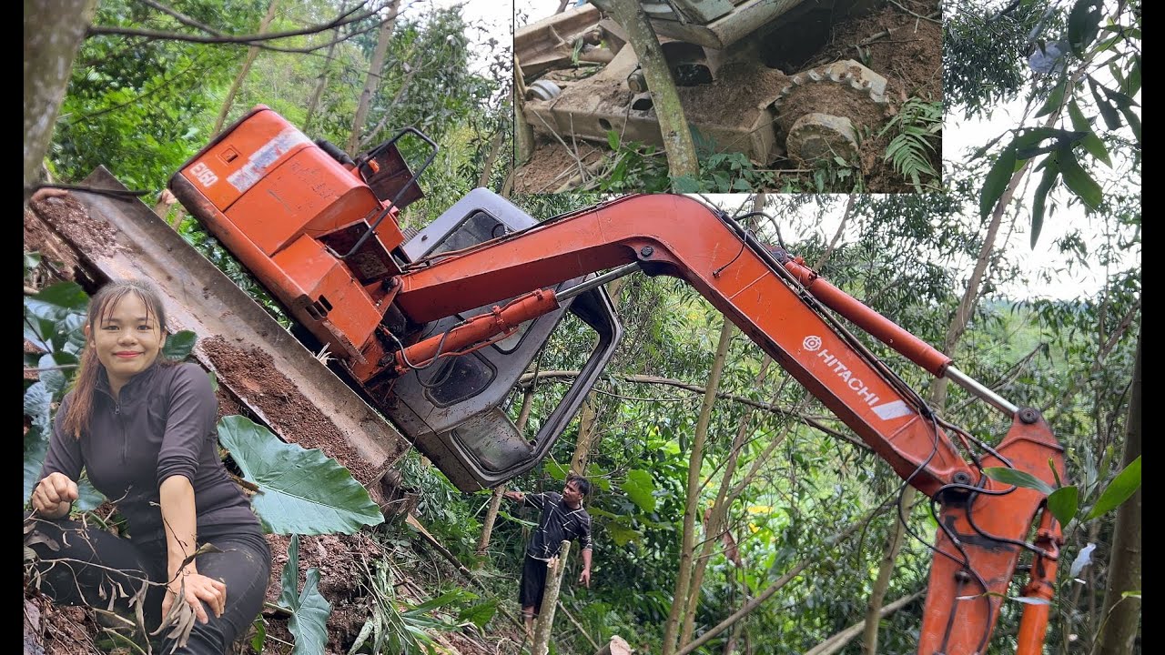 Excavator falls down hillside while clearing road - dramatic rescue