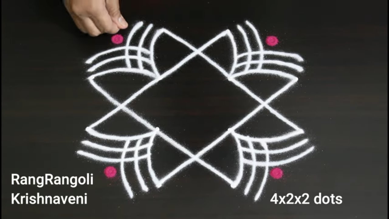 Easy Beginners Rangoli🍀4x2x2 dots Simple Muggulu🍀Daily Kolam🍀RangRangoli Krishnaveni