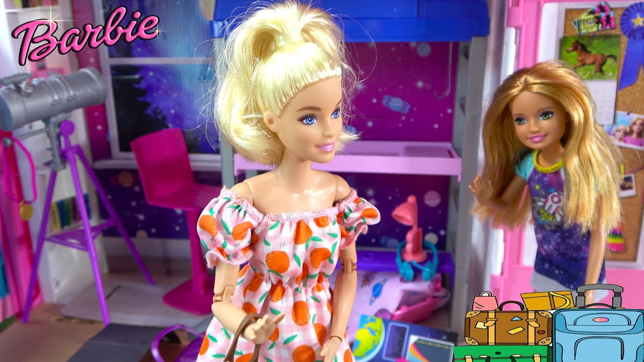 Barbie and Ken in Barbie House Cleaning and Barbie Sister Chelsea Sleepover at Stacie's Star Lab