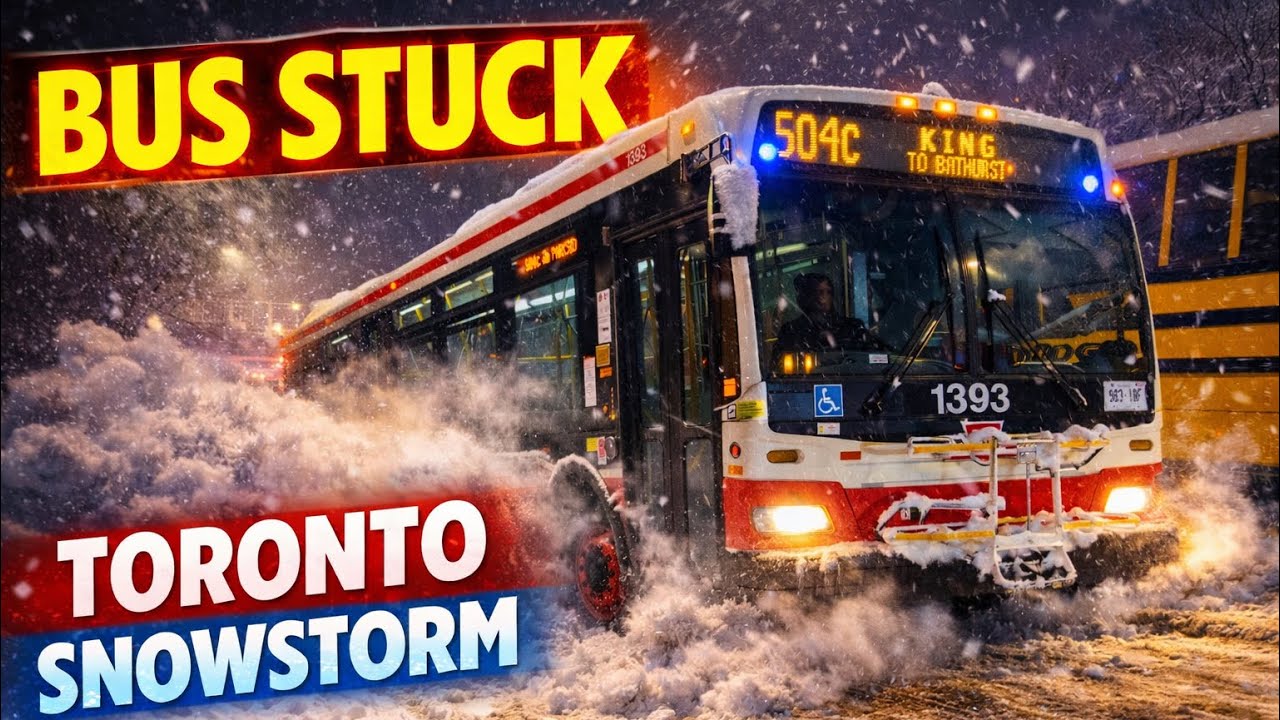 Crews Push TTC Bus Free After Losing Traction on Icy Hill (Snowstorm)