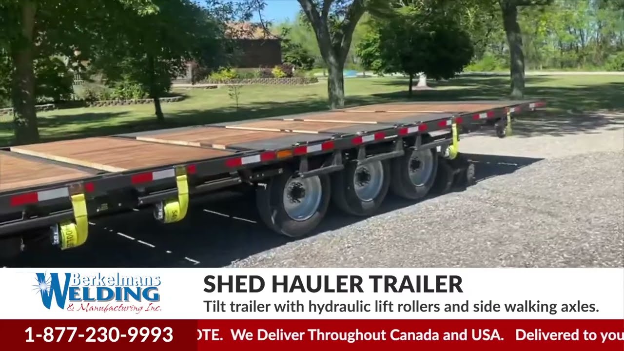 Shed Moving Trailer with hydraulic lift rollers and side walking axles.