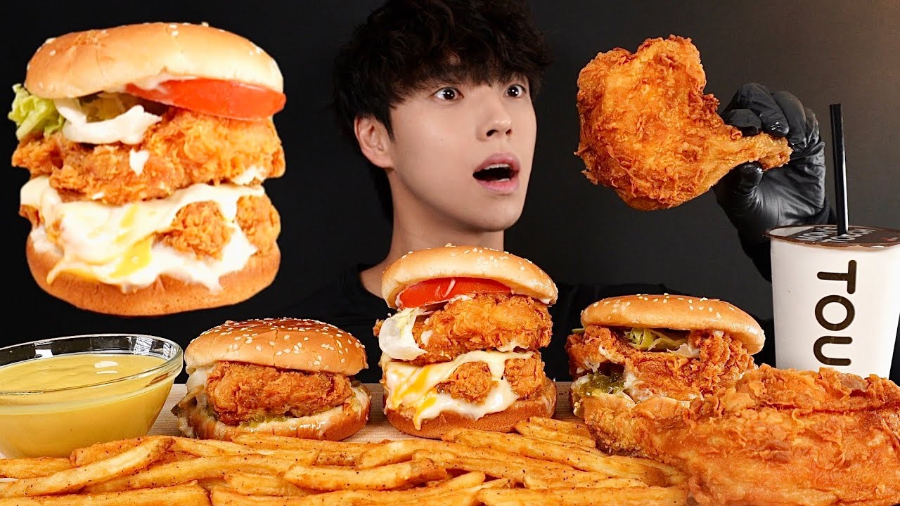 바삭한 통다리 치킨 싸이플렉스 버거 트리플 치즈 싸이버거 먹방 CHICKEN & CHICKEN SANDWICH MUKBANG ASMR EATING SOUNDS