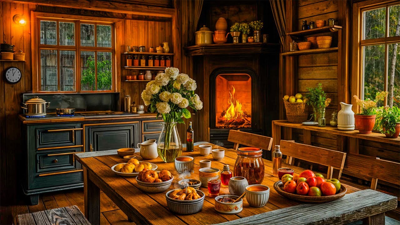 Fall Asleep Tonight 🌧️ Cozy Rain & Fireplace Kitchen Ambience — Deep Sleep & Wake Refreshed Now Fast
