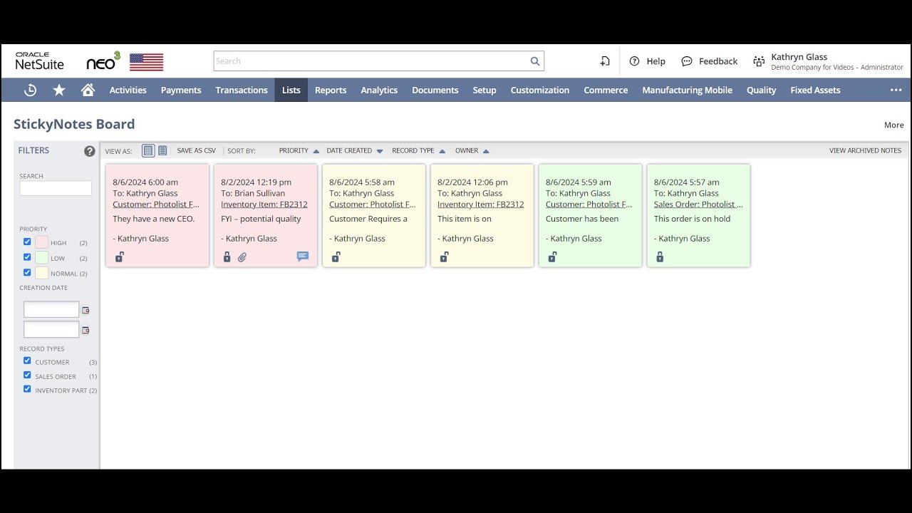 Sticky Notes from Oracle NetSuite