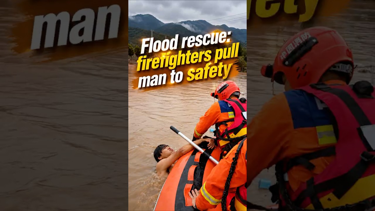 Flood rescue: firefighters pull man to safety