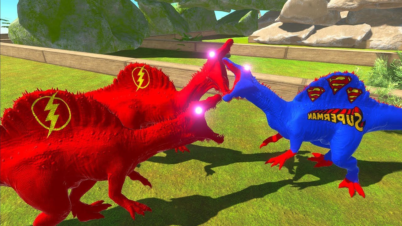 SUPERMAN SPINO VS 2X FLASH SPINO & BATMAN MOSASAURUS DEATH RUN - Animal Revolt Battle Simulator