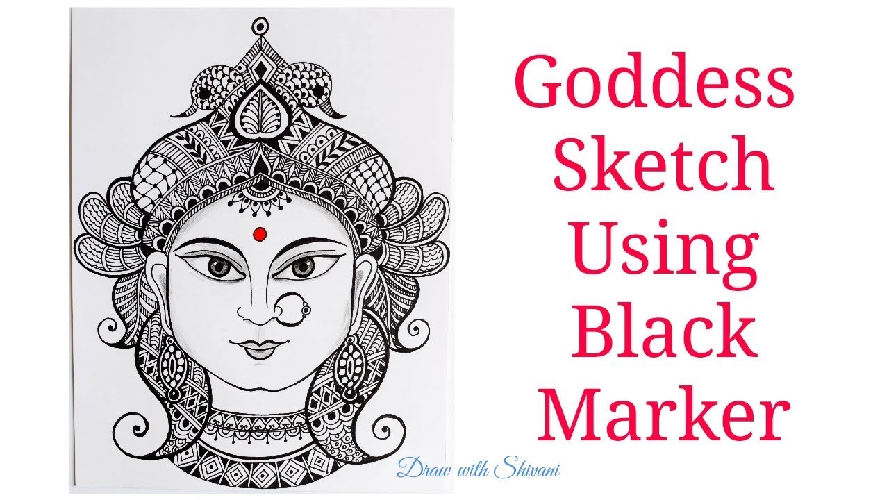 How to draw Goddess Face/ Maa Durga Sketching using Black Marker
