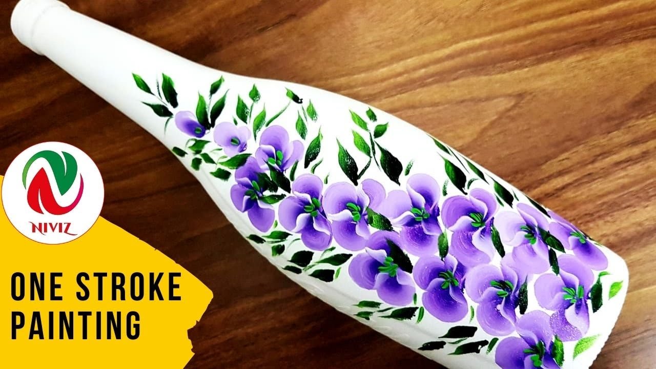One Stroke Painting flowers on Bottle | One Stroke Painting Bottle Art Tutorial |  Niviz Ep 139