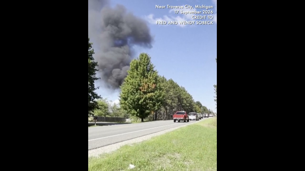 Video shows smoke plume after a military F-16 jet crashed during training in Michigan