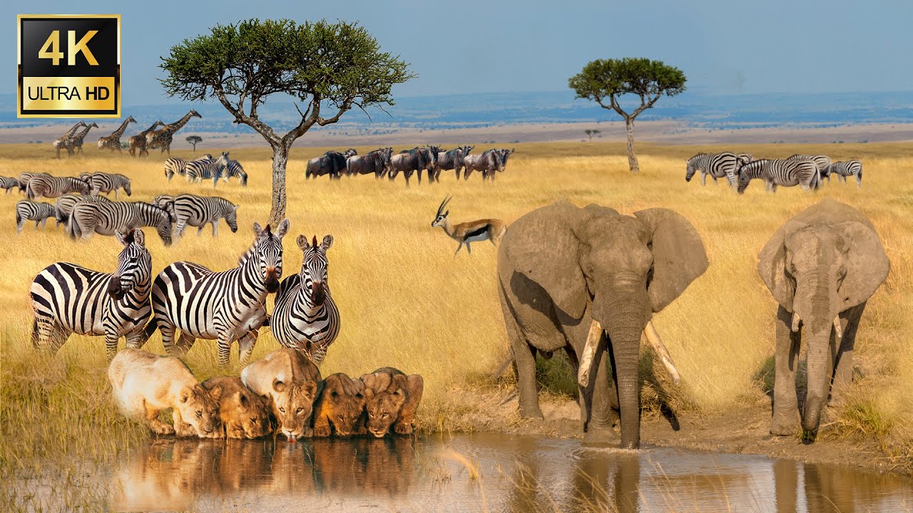African Animals 4K: Ngorongoro National Park, Tanzania - Scenic wildlife film with soothing music.