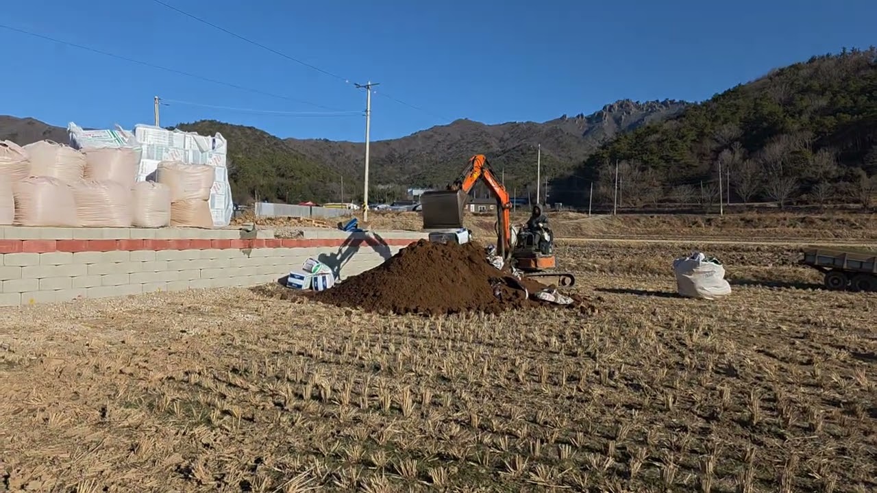 블루베리 노지농장 토양재배 식재을 위한 굴삭기를 이용한 대량 피트모스 해면작업