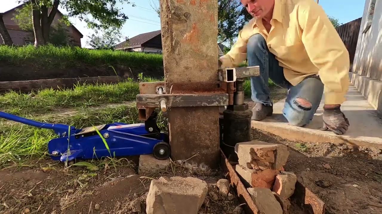 как вытащить бетонный столб с помощью домкрата