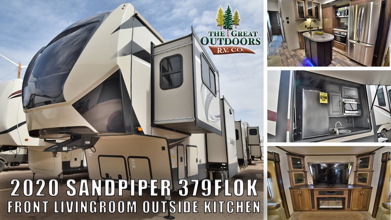 New 2020 SANDPIPER 379FLOK Font Living Room Outside Kitchen Extended Stay Fifth Wheel Colorado
