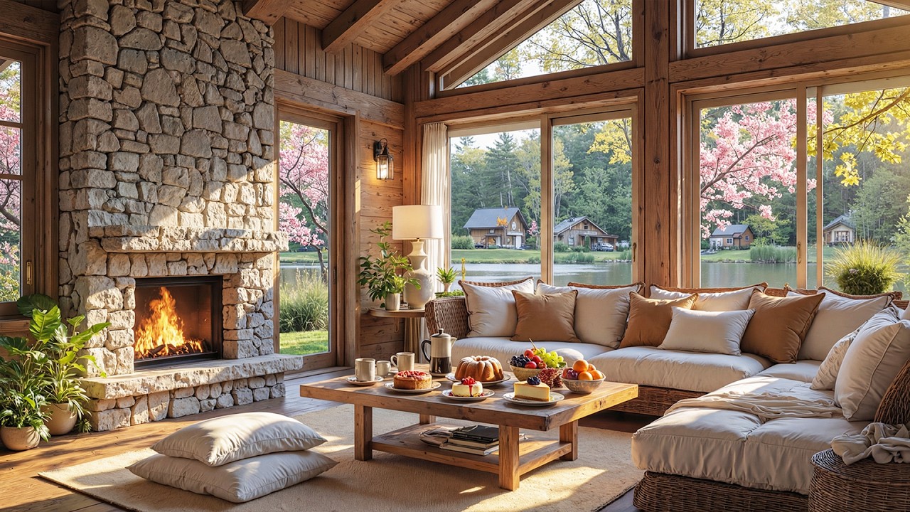 Успокаивающая фортепианная музыка и камин для учёбы 🌿 Весеннее утро на веранде у озера